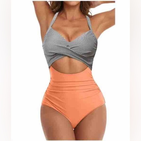 Cupshe Other - Black Stripe Light Coral Halter Tummy Control One Piece Swimsuit‎ NWT Size M